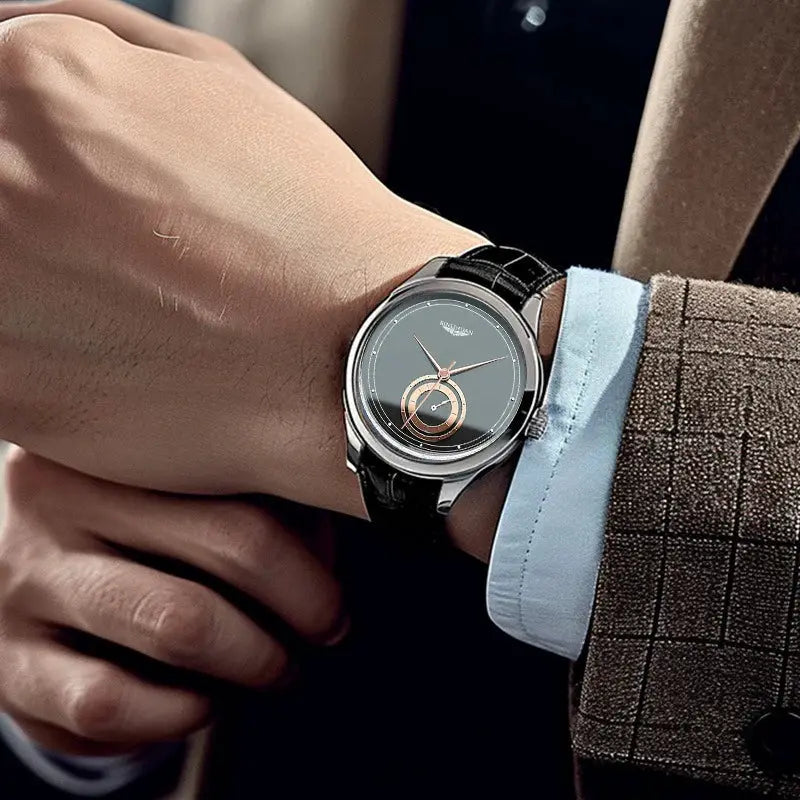 Mens Black Leather Quartz Analog Watch With Numberless Dial For Business Casual Everyday Use