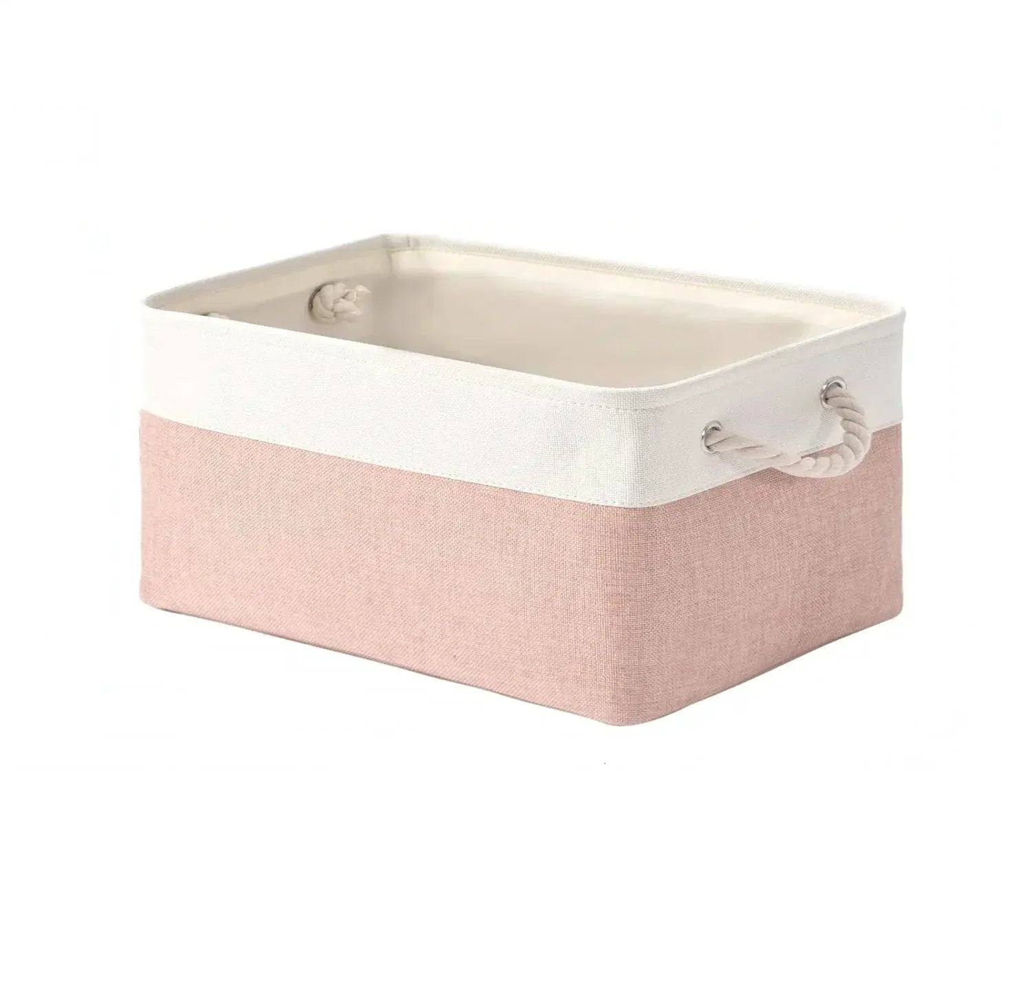 Simples Market linen fabric storage basket with rope handles, pink base and white top, large capacity
