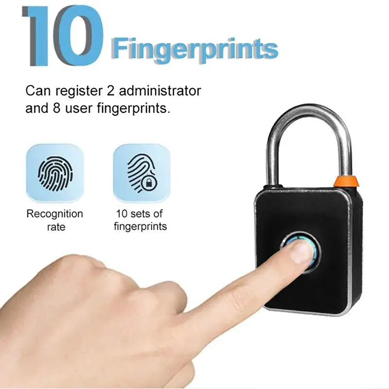 Simples Market 3-in-1 mini smart fingerprint padlock, black body with blue fingerprint button and USB charging