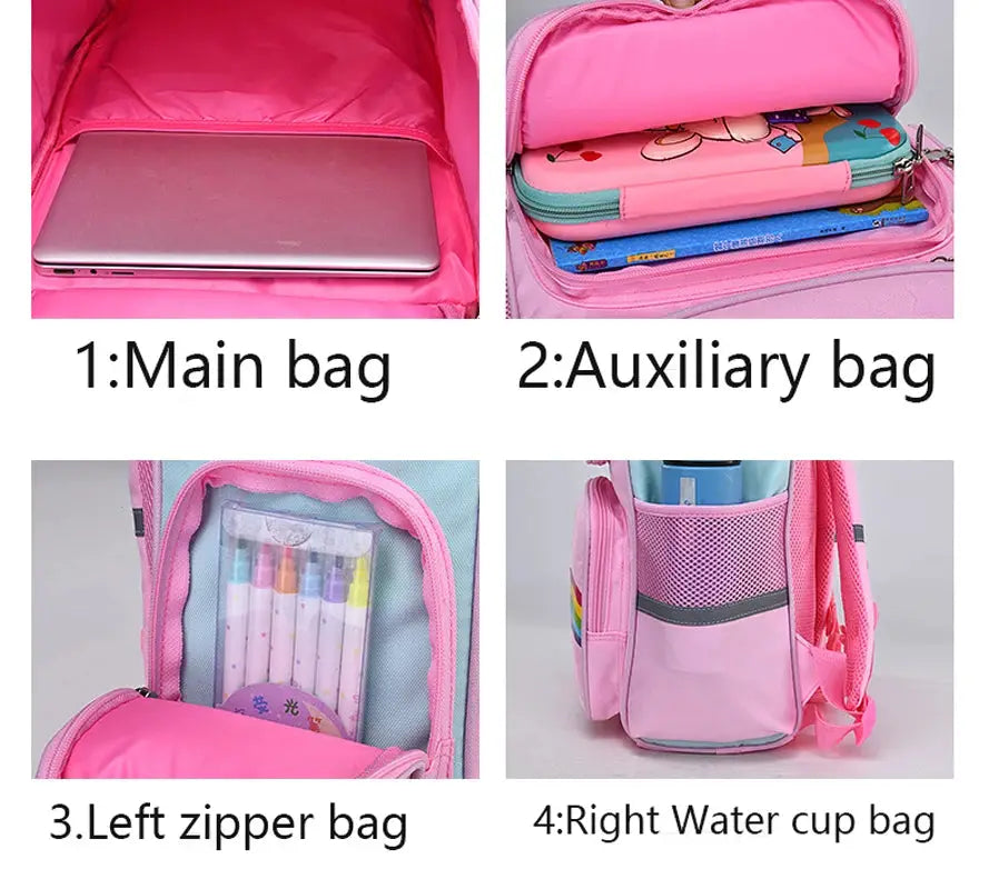 Simples Market pink unicorn kids backpack; large capacity, waterproof with main and auxiliary pockets.