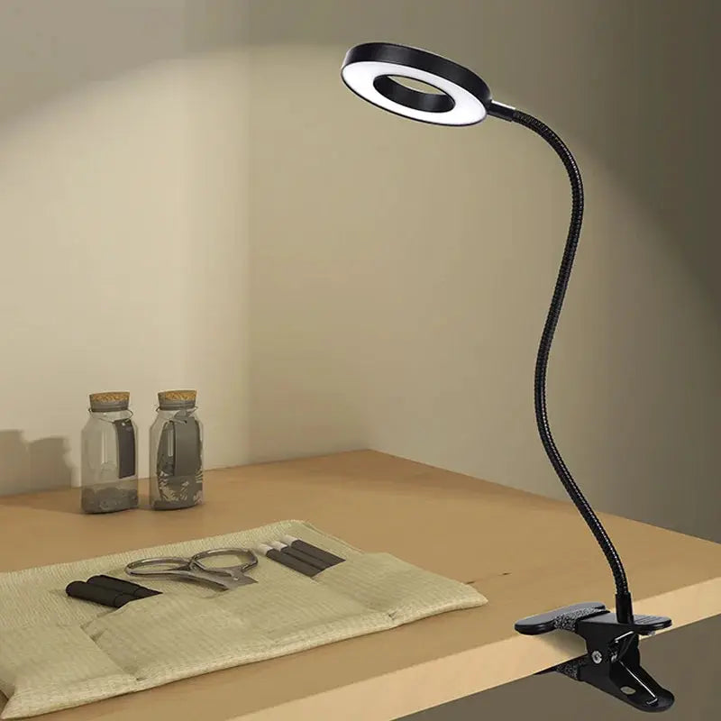 Simples Market LED Ring Clamp Lamp with USB, 3-level color temp, 360° rotatable gooseneck desk clamp