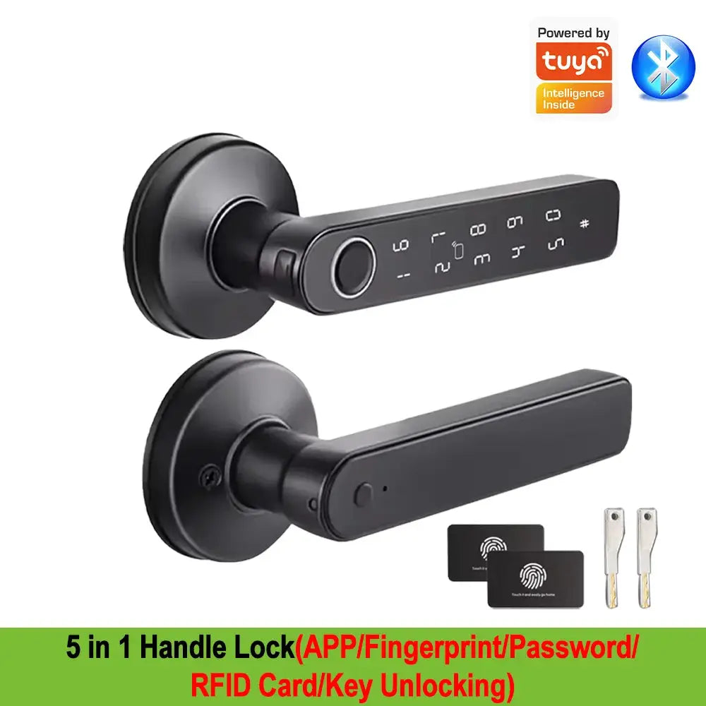 Simples Market 5in1 black smart door lock with Tuya Bluetooth fingerprint, password, RFID cards & keys for wooden doors
