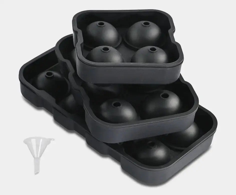 Silicone ice ball mold set with lids, 4/6/8-grid trays, stacking design and funnel