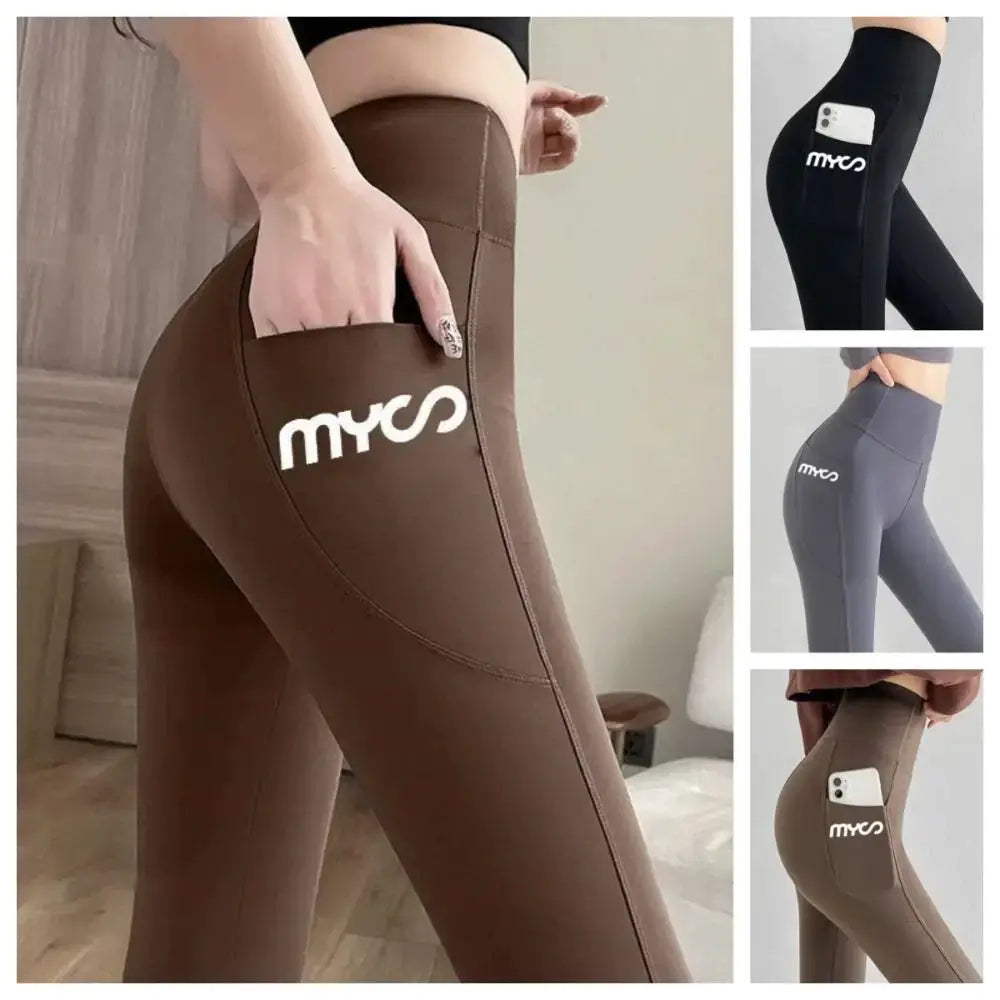 Leggings with pocket; solid seamless high‑waist workout tights in a 4‑color set with MYCS logo