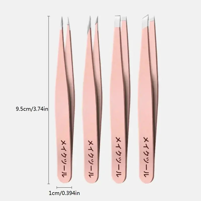 GlowGrove Four Piece Pink Tweezers Set for Eyebrows Eyelashes and Whiskers Grooming