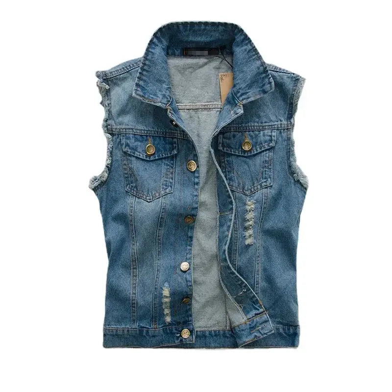 Men's light blue distressed denim vest by Simples Market with brass buttons