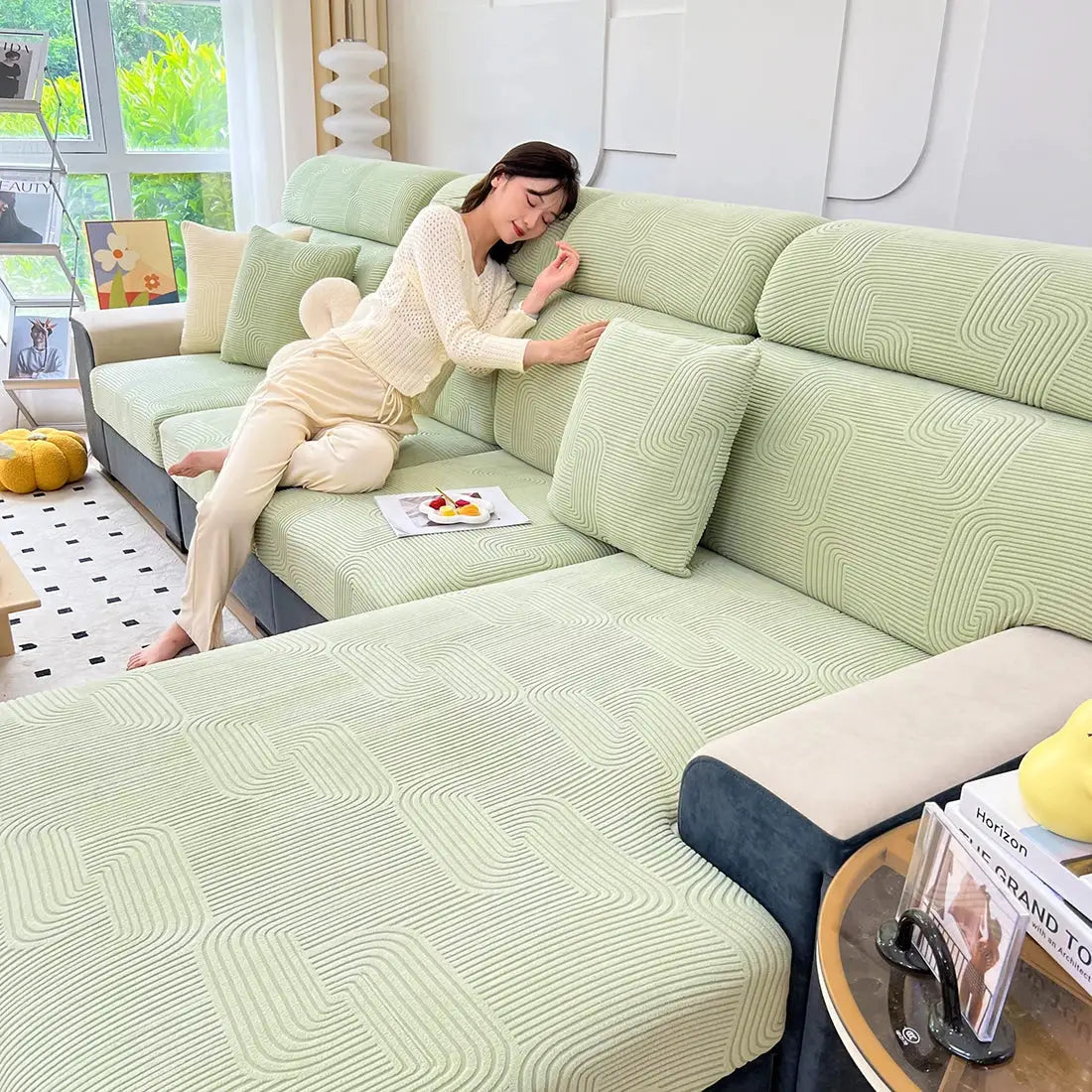 Sofa seat cushion cover set in sage green jacquard with thick stretch, removable and washable — Simples Market