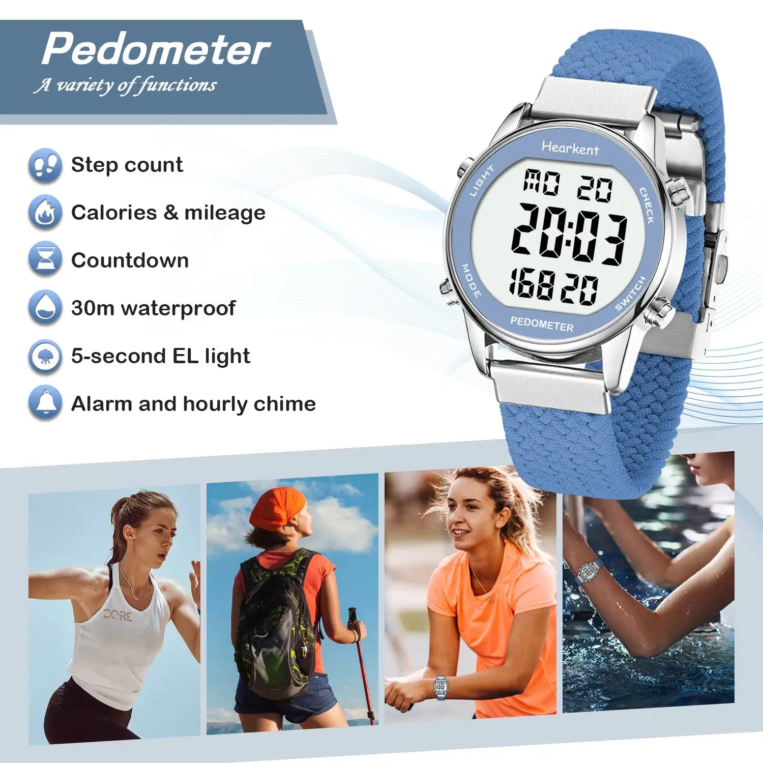 Hearkent pedometer sport watch with blue fabric strap and digital display