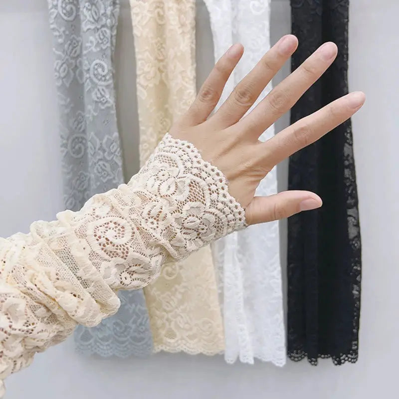 AuroraSilk Women Summer Ice Silk Lace Arm Sleeves Breathable Fingerless Driving Gloves With Sun Protection