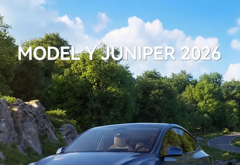Tesla Model Y Juniper 2026 banner by Simples Market, featuring a blue Model Y on a winding road.
