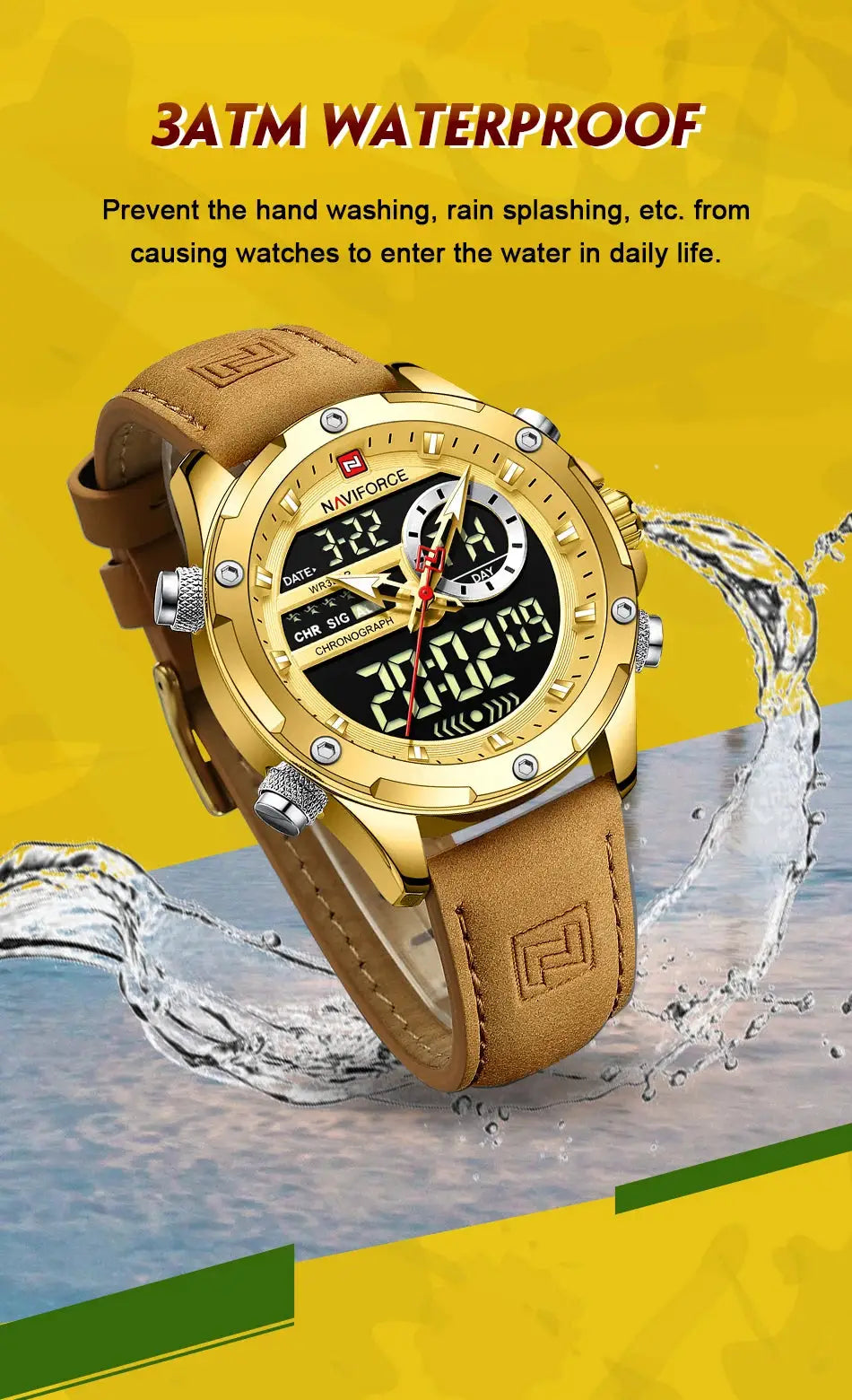 NAVIFORCE men's gold-tone chronograph wristwatch with tan leather strap, waterproof 3ATM