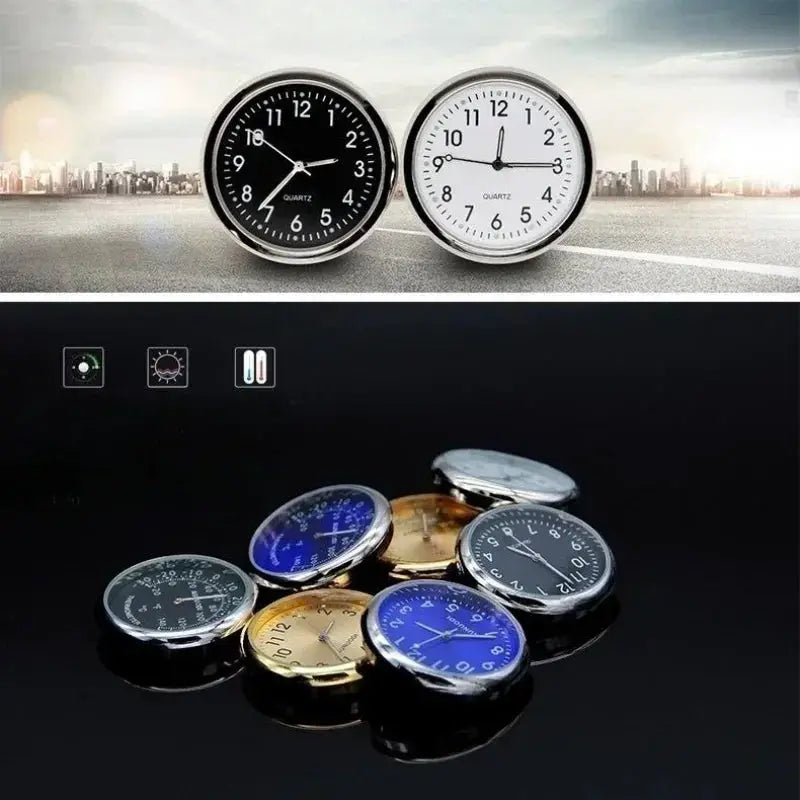Car clock luminous auto ornament; set of small round quartz watches in black, white, blue, and gold tones (40–43mm)