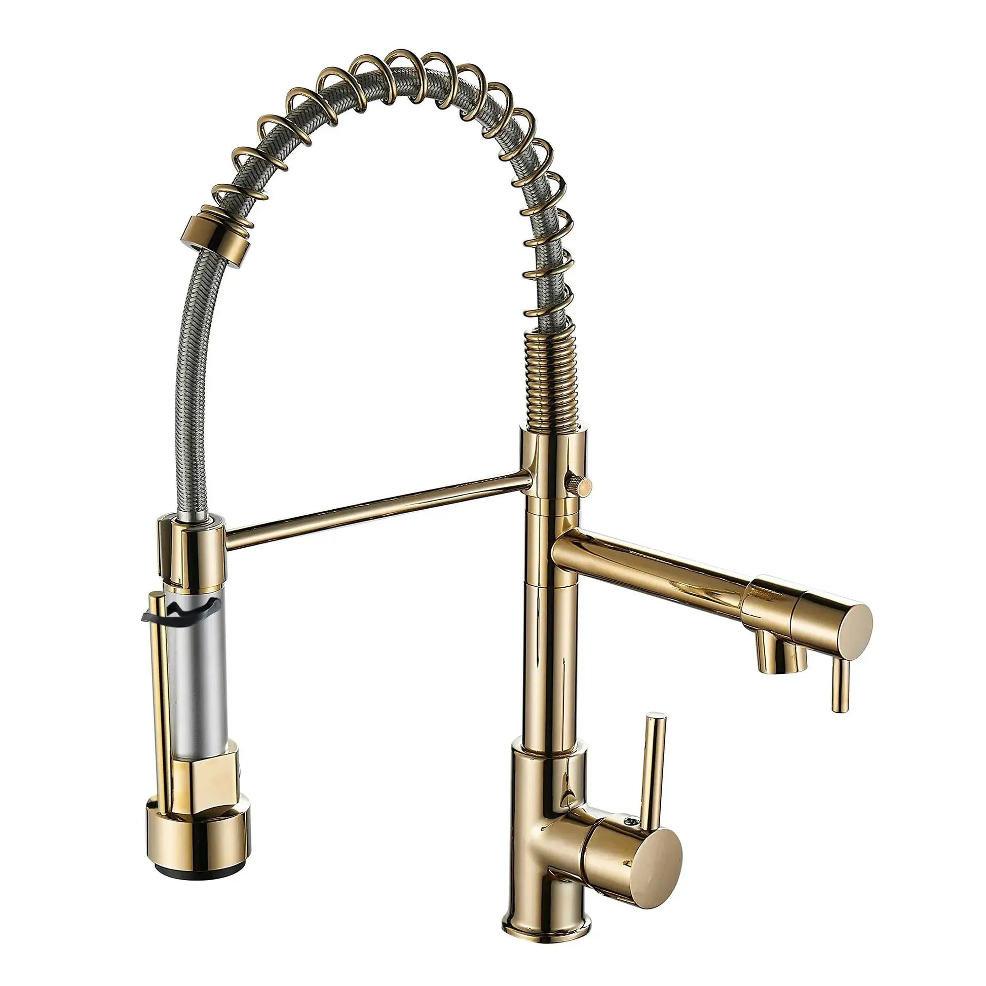 Kitchen faucet with pull-down sprayer, high-arc spring neck, braided hose in gold finish