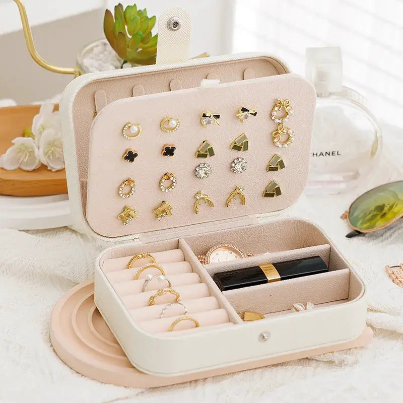 VoyageLux Leather Portable Jewelry Storage Box Travel Organizer For Earrings Necklaces Rings Case
