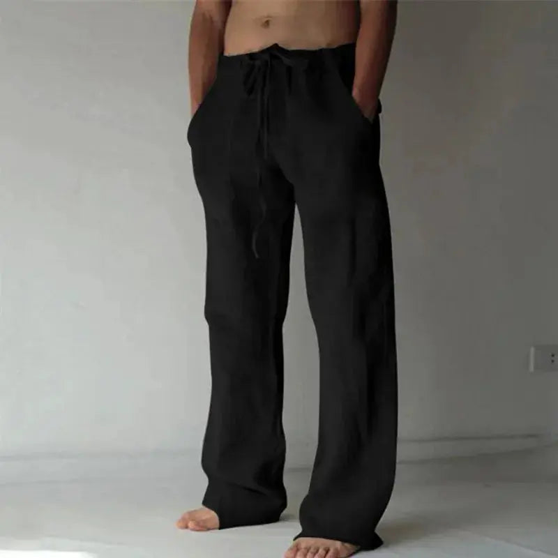 Black linen wide-leg men's pants with drawstring waist for casual streetwear