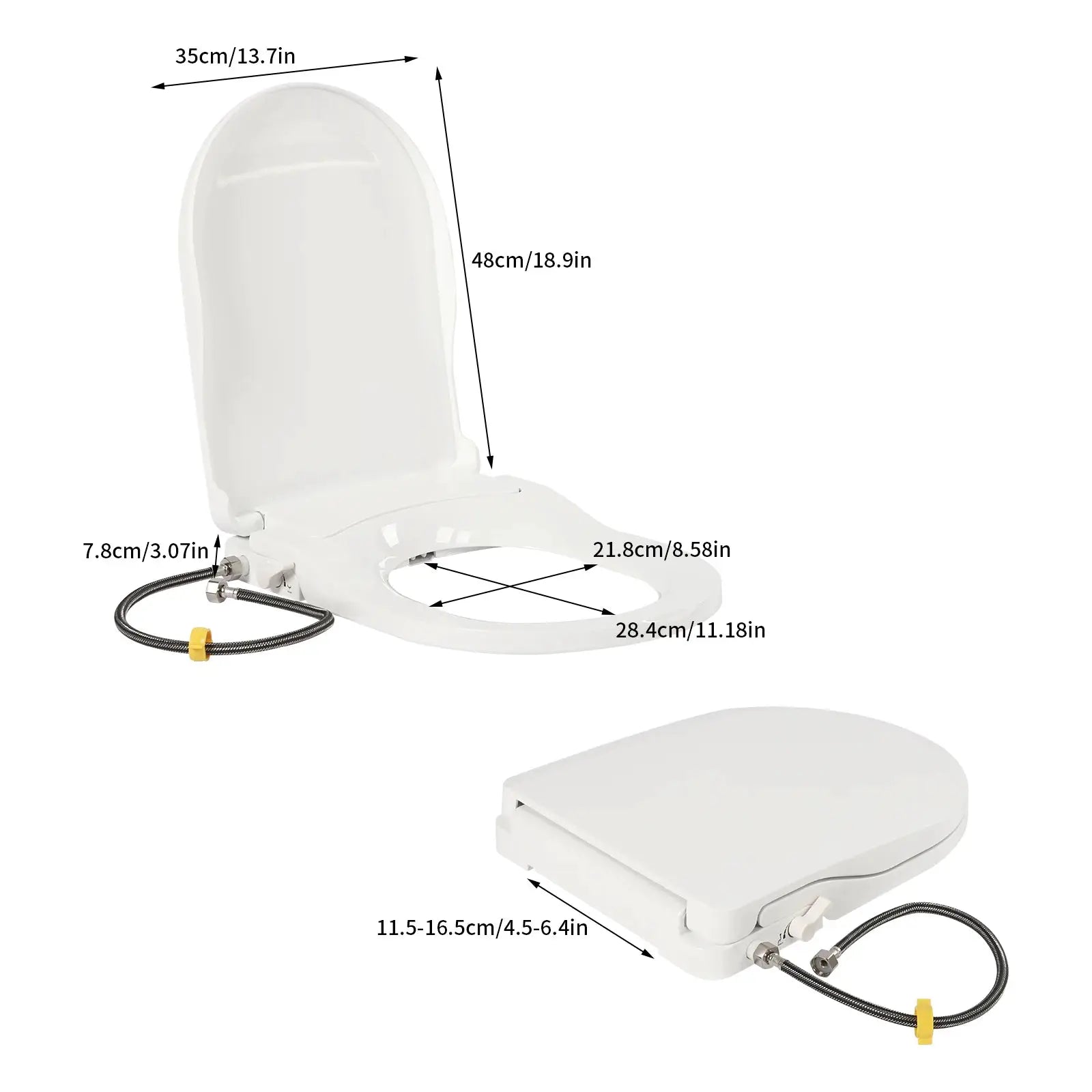 White smart toilet seat cover with dual front and rear wash nozzles; non-electric, slow-damping lid.