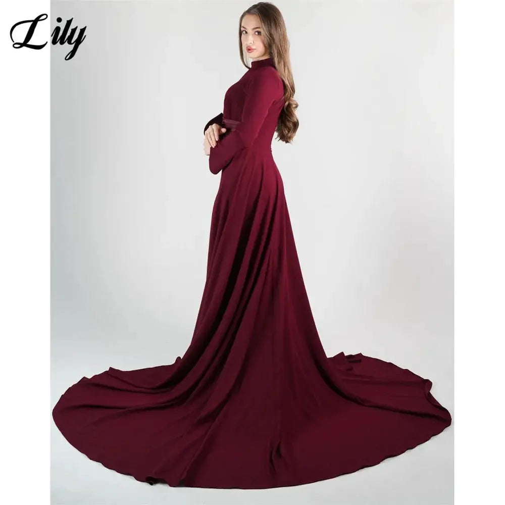Lily Burgundy Satin Mermaid Prom Dress With High Neck Sleeves Dubai