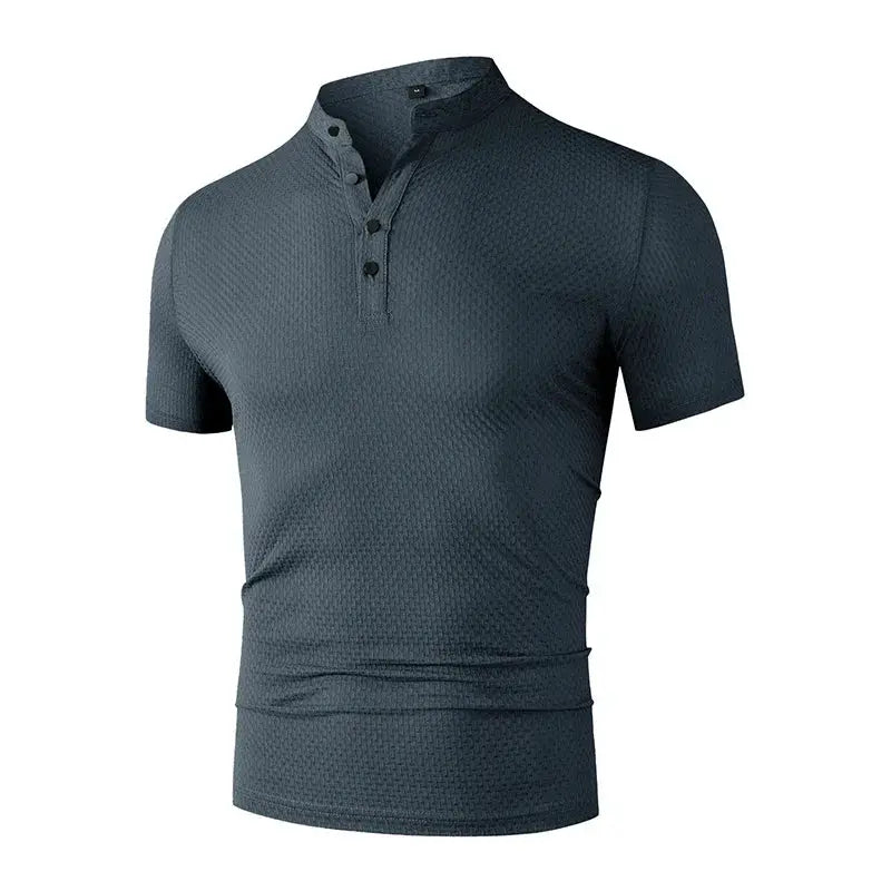 Men's polo shirt, short sleeves, textured blue-gray fabric, breathable and versatile.