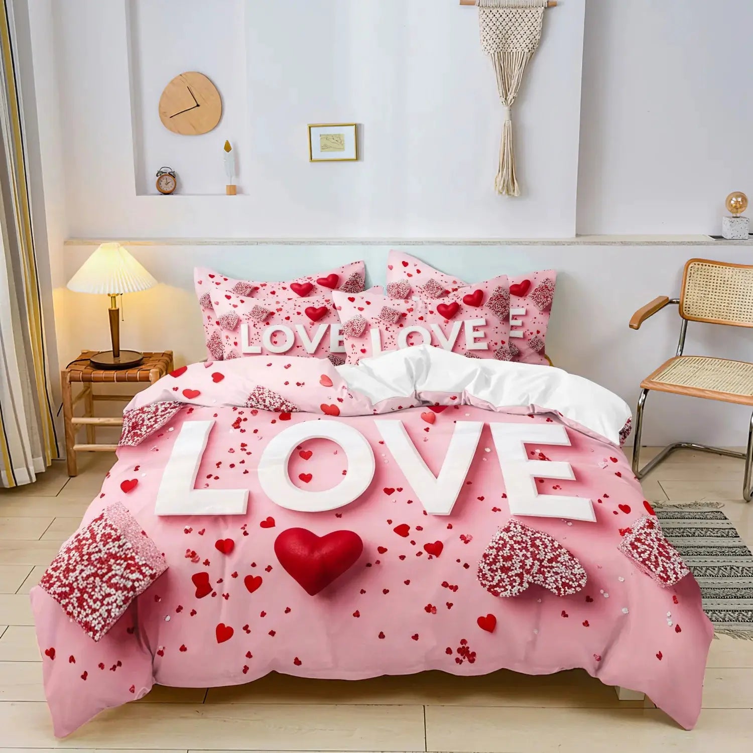 Simples Market 3-piece pink love bedding set with duvet cover and 2 pillowcases featuring LOVE letters and hearts.