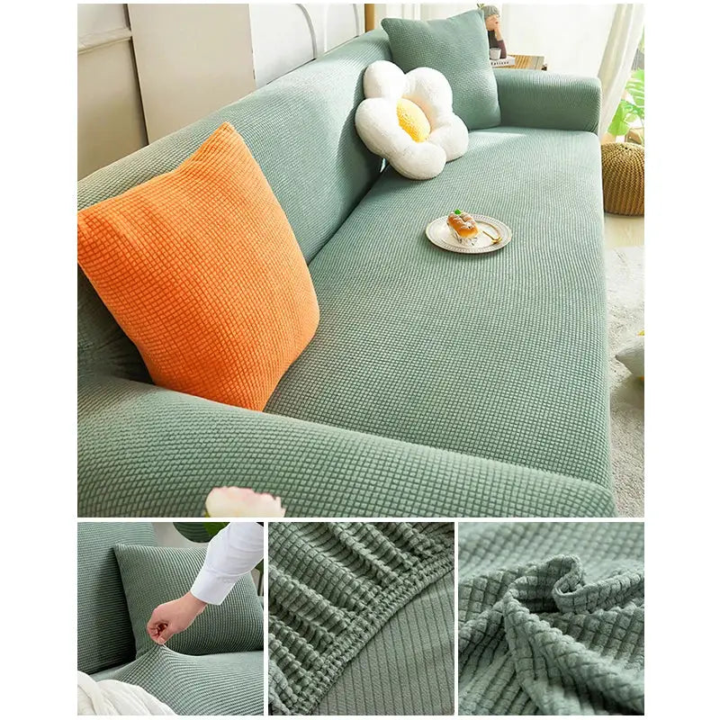 Elastic jacquard sofa cover by Simples Market for L-shaped sectional, sage green, fits 1–4 seat