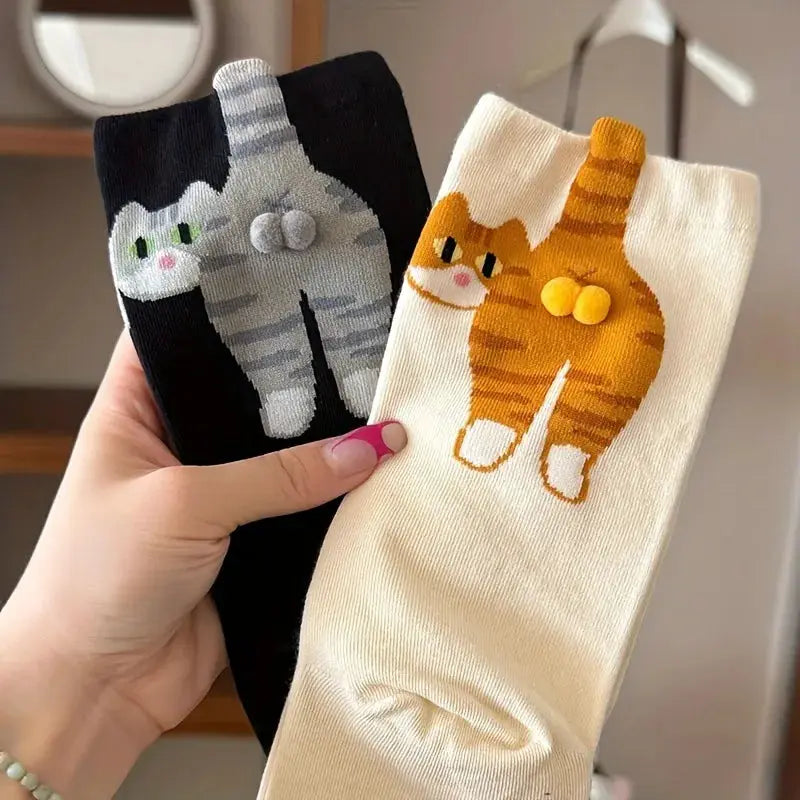 3D Cute Cat Socks For Women And Girls Mid Tube Sleep Socks Black And White Cat Print