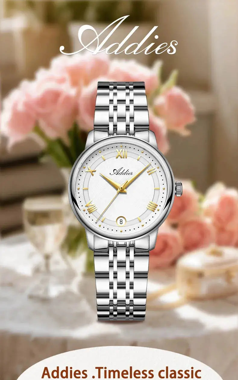 Addies luxury women's wristwatch with 316L stainless steel bracelet, white dial, gold Roman numerals