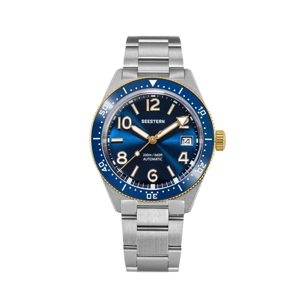SEESTERN Diver Mens Watch, stainless steel bracelet, blue dial, gold bezel, date window, 200m automatic