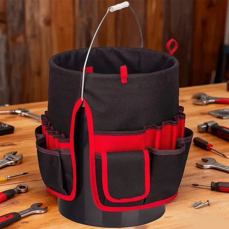 Simples Market garden tool belt bucket kit in black Oxford cloth with red trim and multiple pouches