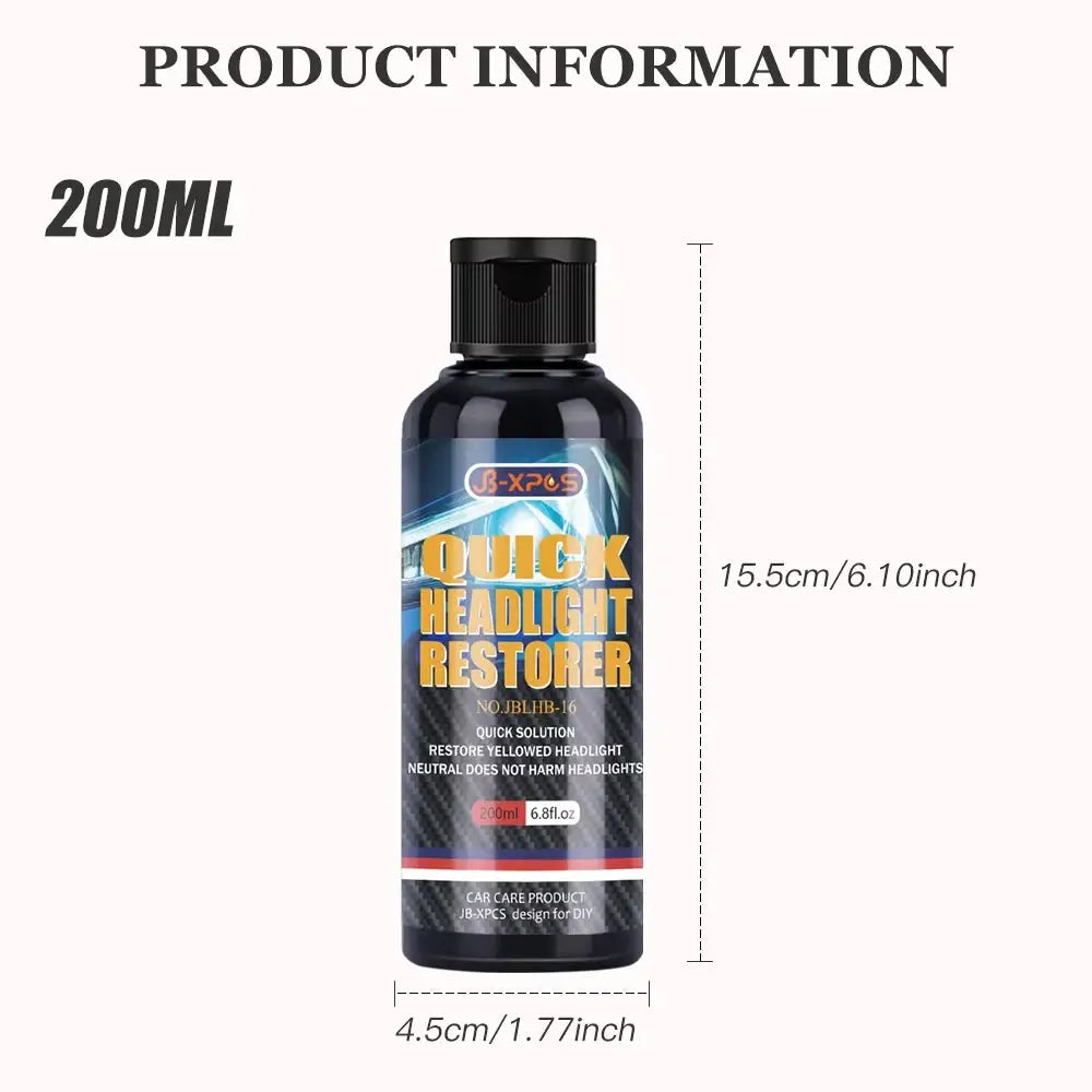 Headlight restoration polish liquid, 200ml bottle, black container with blue label