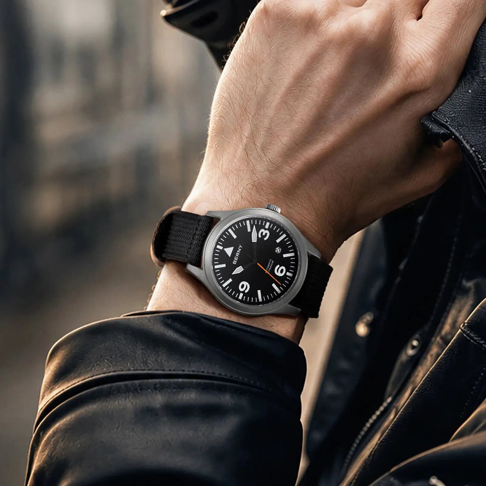 BERNY full titanium automatic men's watch with black dial and nylon strap