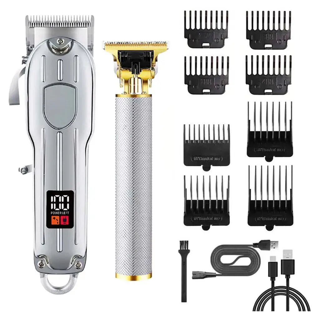 Professional hair clipper and trimmer set by Simples Market with cordless silver body, gold head, and 8pc guard combs.