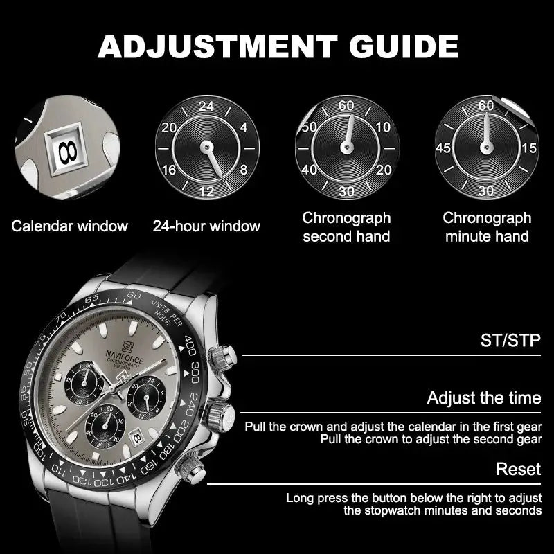 NAVIFORCE men's waterproof chronograph watch with silicone strap, black dial, luminous hands