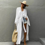 Coastline Solid Beach Cover Up Women Self Belted Wrap Kimono Dress Flattering Wrap Design For Breezy Summer Beachwear
