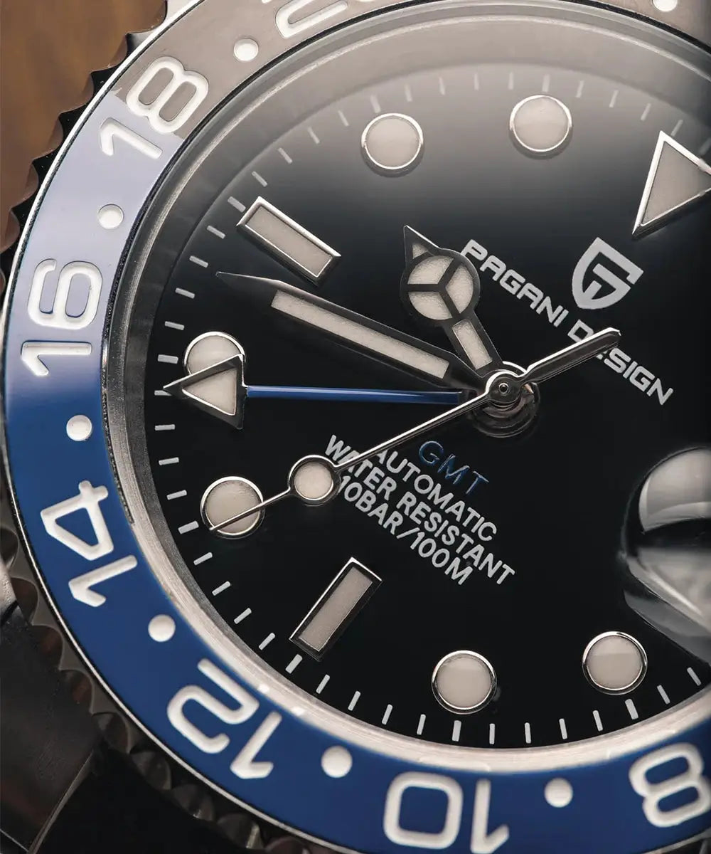 Pagani Design GMT watch with black dial, automatic movement, blue 24-hour bezel, stainless steel case.