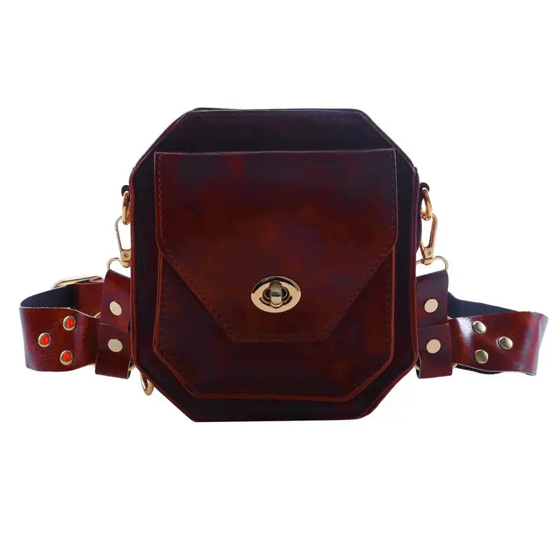 Punk Retro PU waist bag, brown burgundy leather look with gold hardware, small square crossbody hip pack.