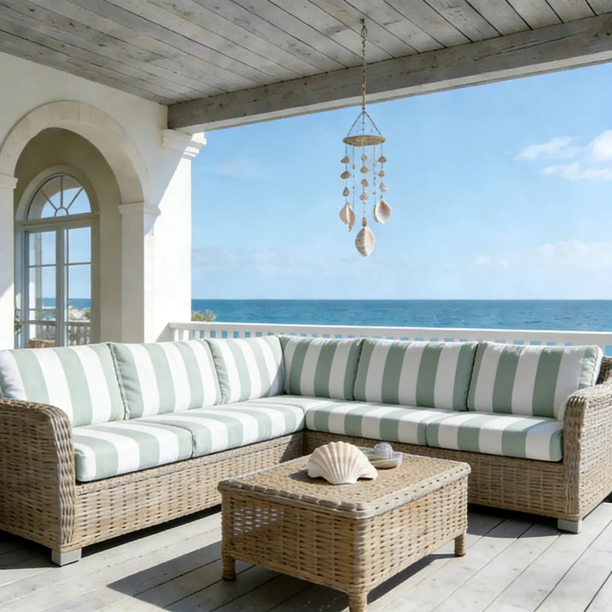 Sofa protective cover by Simples Market; high-elasticity printed cushion cover for outdoor living with green and white stripes.