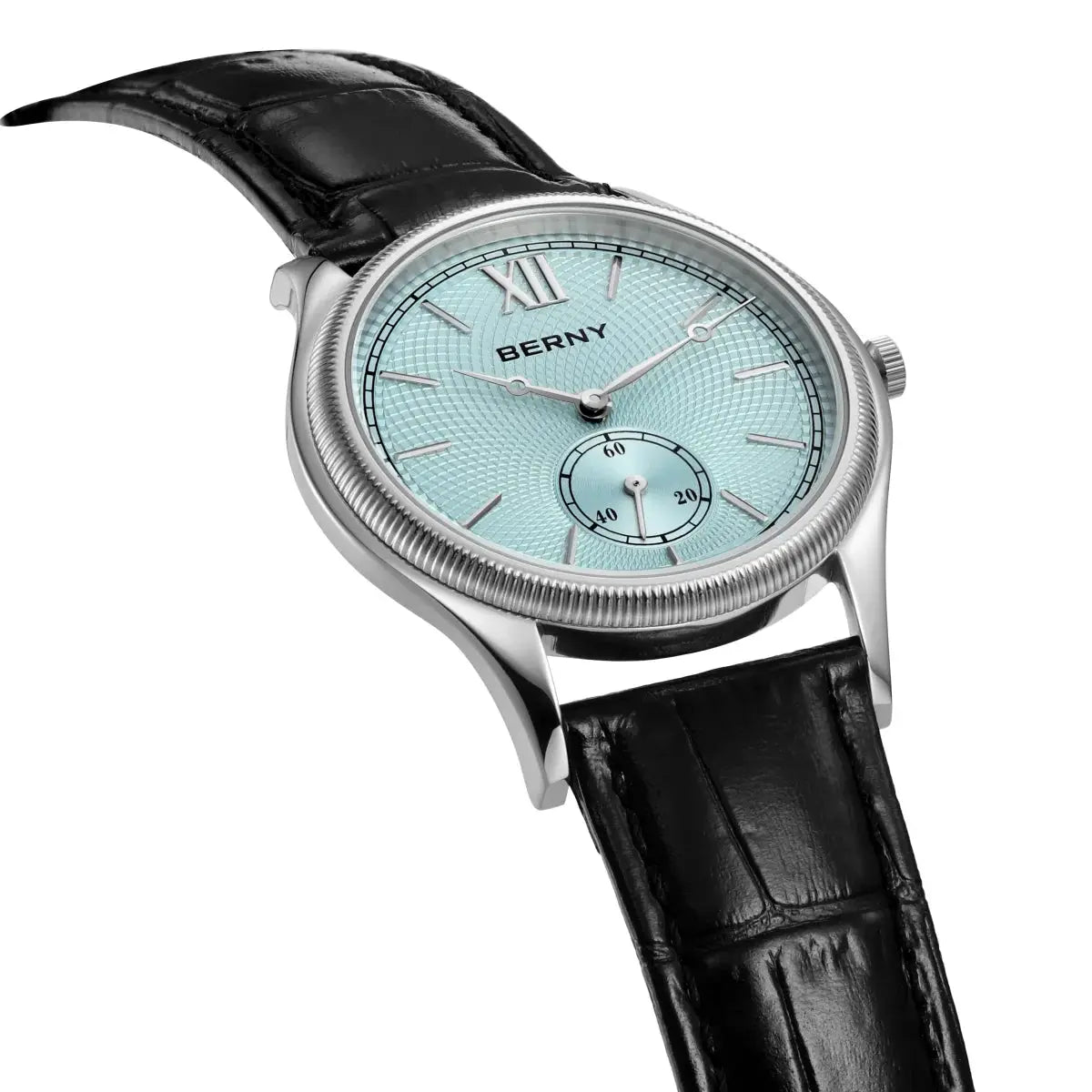 BERNY men's wristwatch with light blue textured dial, silver case, black leather band