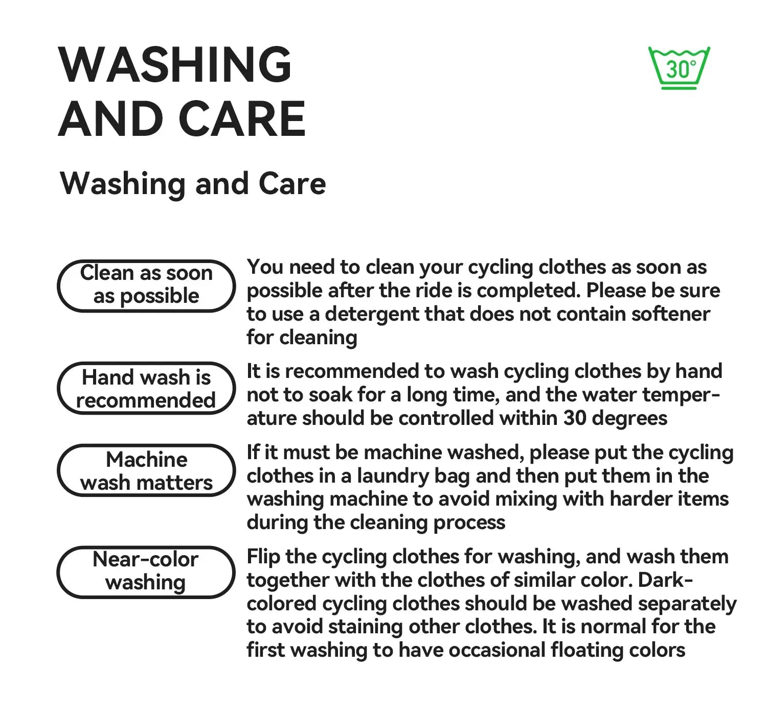 Men's cycling shirt care label with washing instructions: clean ASAP, hand wash recommended, machine wash matters.