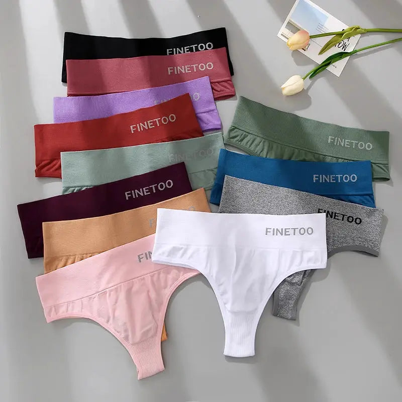 Women's seamless high-waist thong panties by FINETOO in assorted colors.