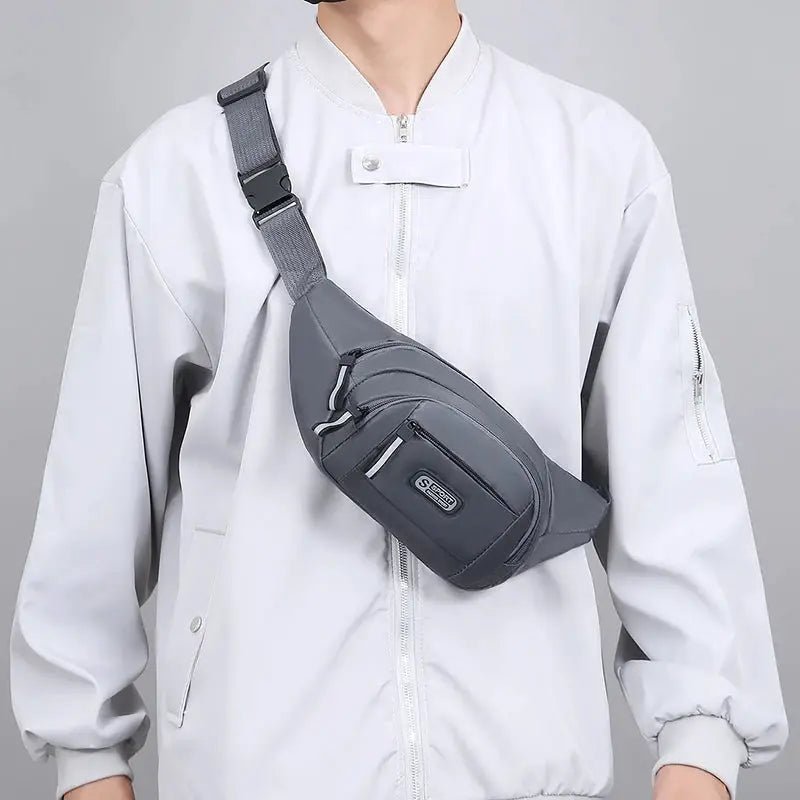 Simples Market men's gray waist bag worn as a crossbody chest bag; ultra-thin, large-capacity fitness pack with pocket.