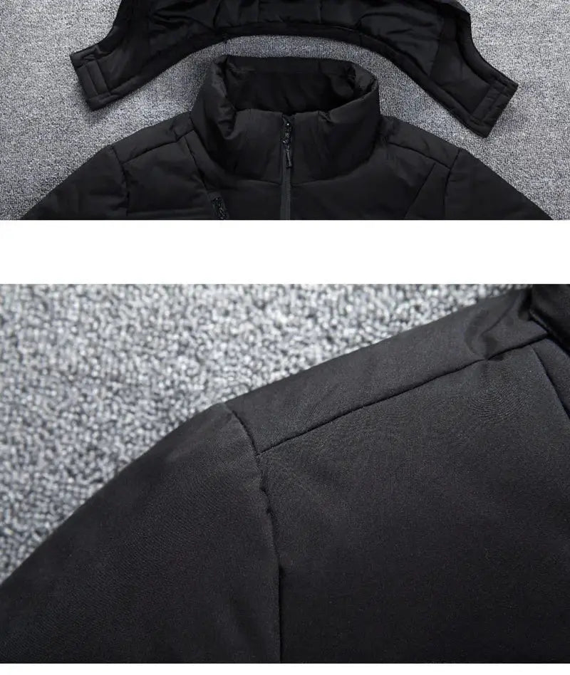 Black hooded down jacket with quilted padding for men