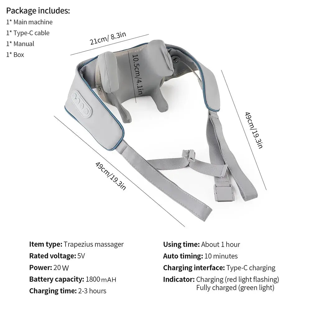 Foreverlily 26W brushless neck and shoulder massager, gray wireless unit with control panel and adjustable straps.