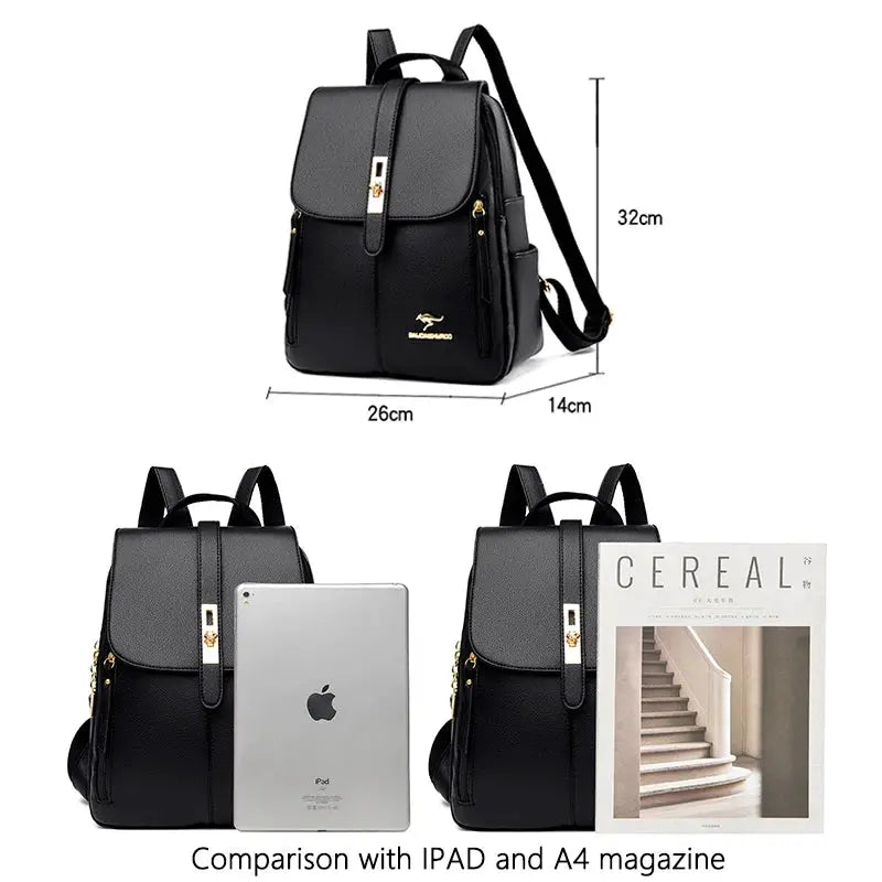 Simples Market luxury black leather backpack for women; compact daypack with gold hardware, 32x26x14 cm