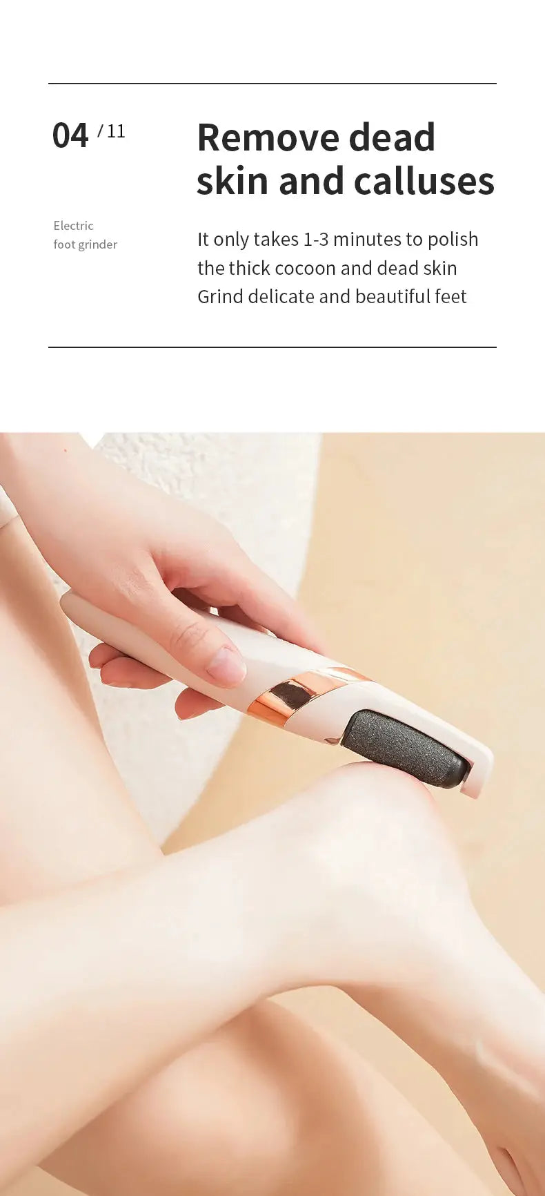 HOMEFISH electric foot grinder handheld with white body and rose-gold trim for removing dead skin and calluses