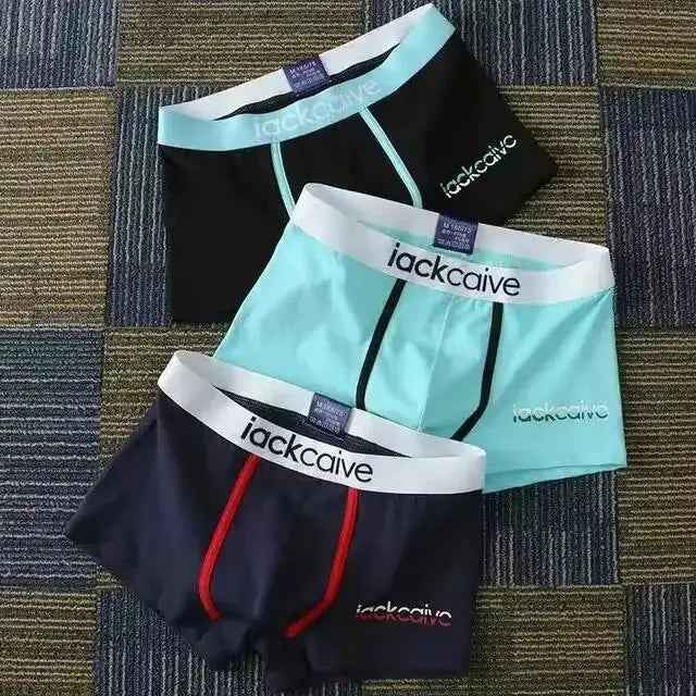 3-pack men's cotton boxers in black, teal, and navy with white waistbands featuring lackcaive branding