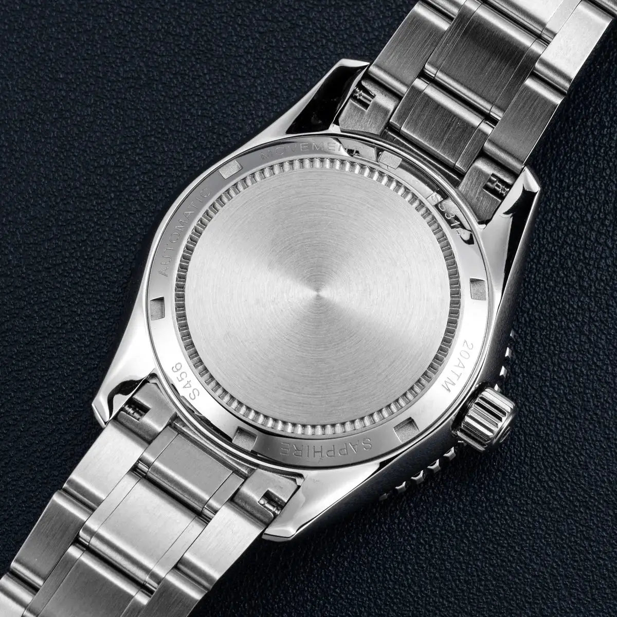 SEESTERN men's stainless steel GMT automatic watch with metal bracelet, back view