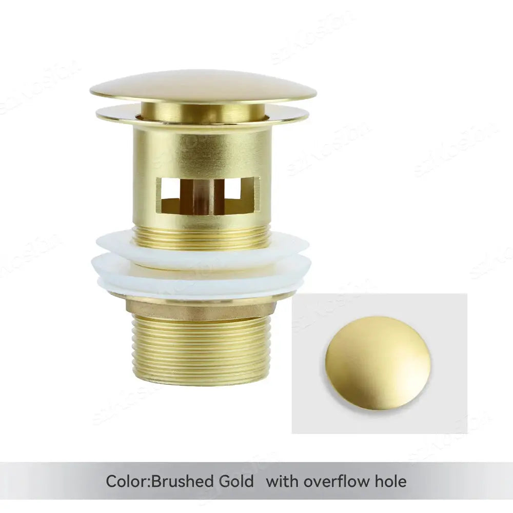 Brushed gold pop-up bathroom sink drain button with overflow hole by Simples Market