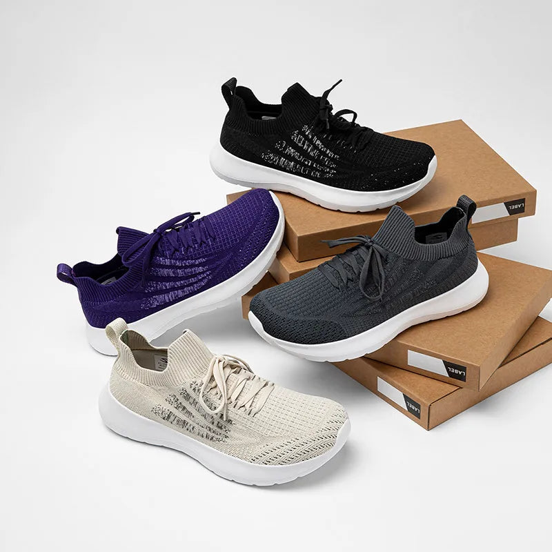 HOBIBEAR unisex running sneakers in four colorways: black, purple, gray, beige with breathable mesh and white soles