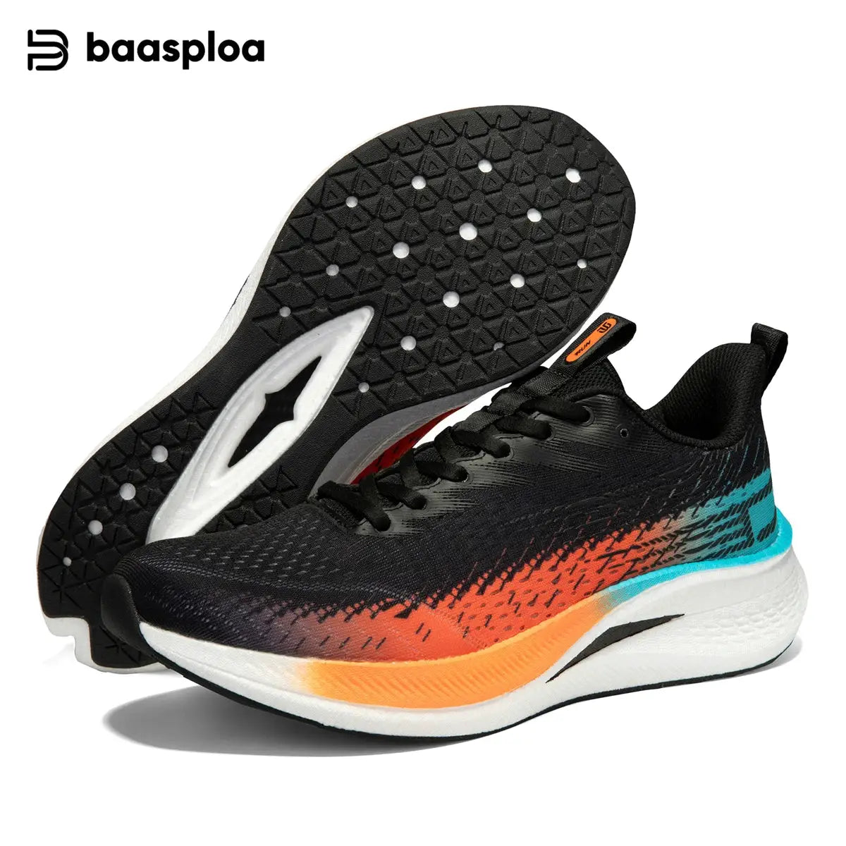 Baasploa men running shoes, black gradient upper with orange-teal accents, white cushioned sole pair