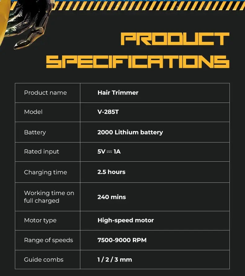 Hair Trimmer V-285T by Simples Market; 2000 Lithium battery, 5V1A input, 2.5h charge, 240 min runtime, high-speed motor